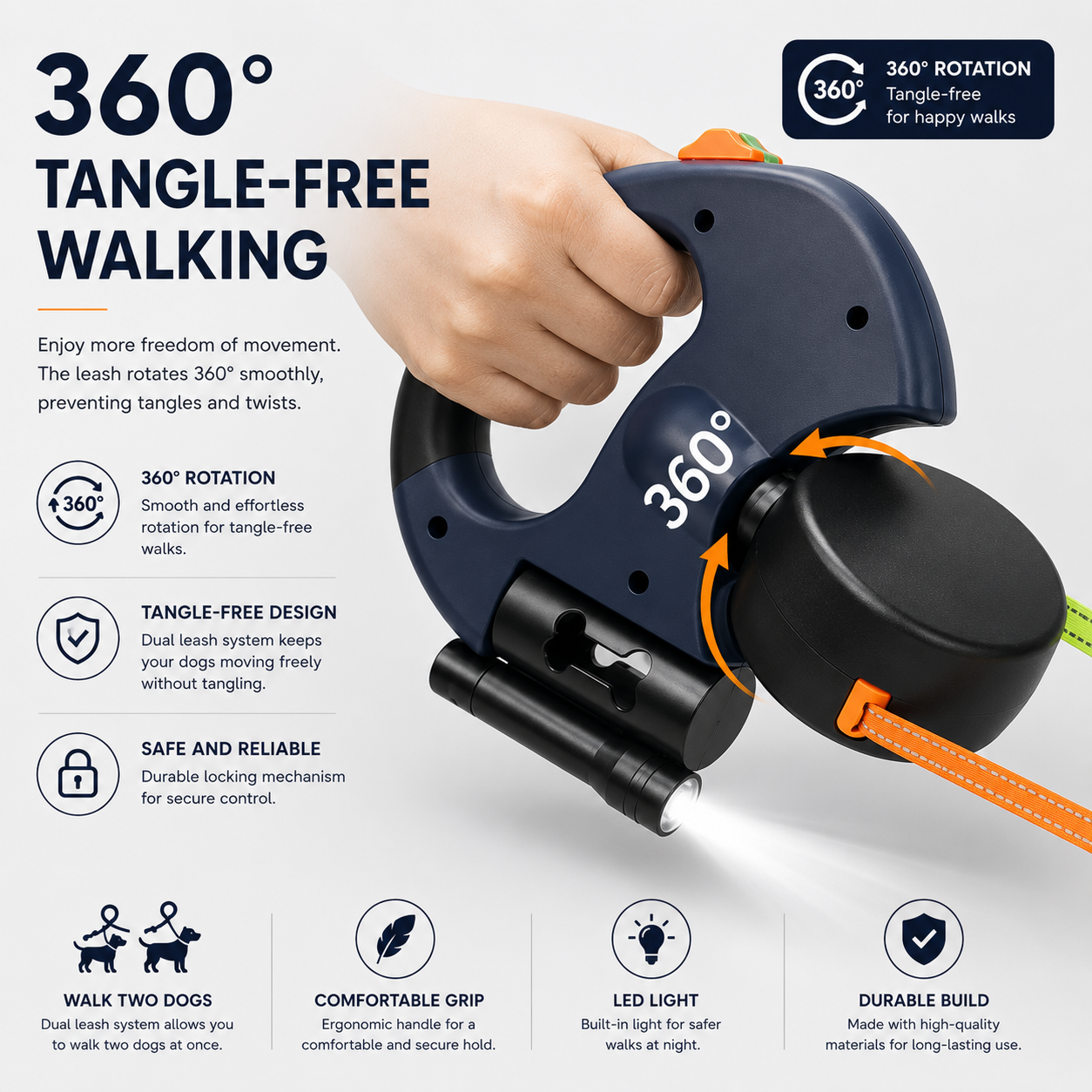 Double Retractable Leash with LED Light & Poop Bag Holder | Wuvpets