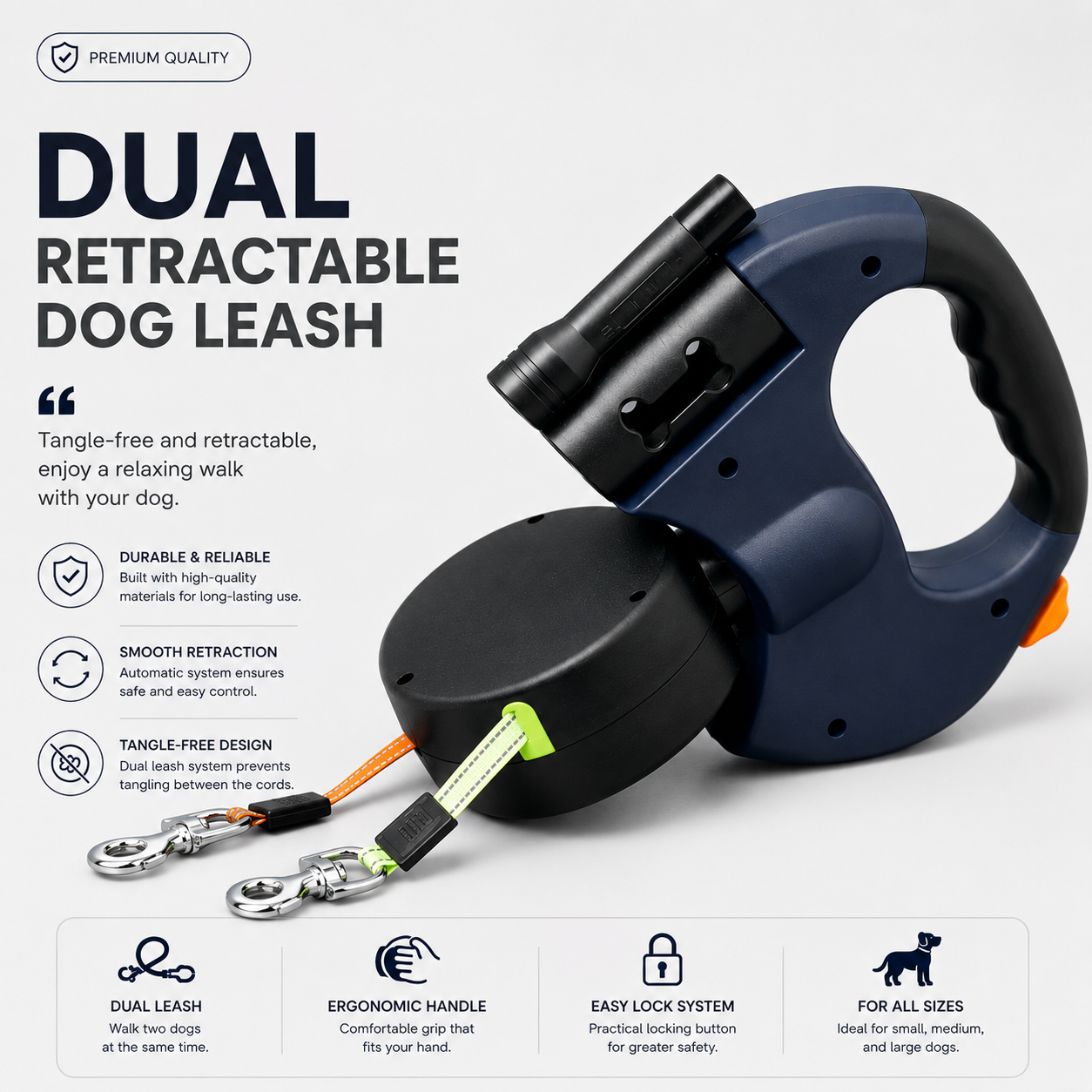 Double Retractable Leash with LED Light & Poop Bag Holder | Wuvpets