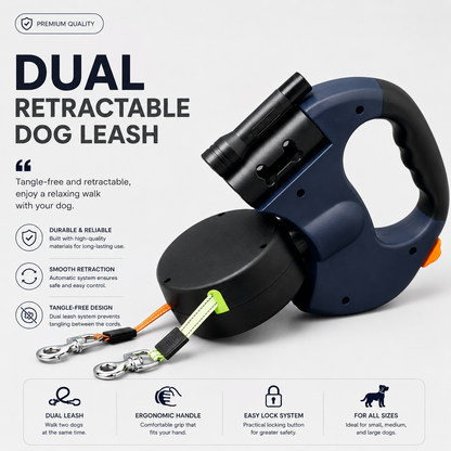 Double Retractable Leash with LED Light & Poop Bag Holder | Wuvpets