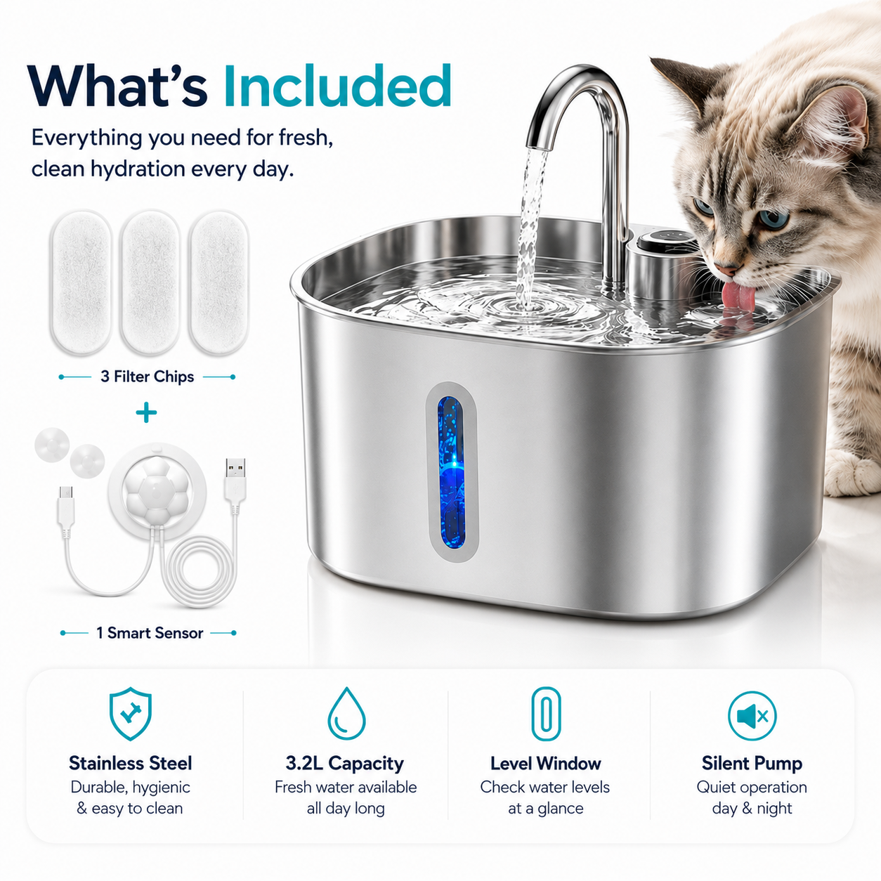 Stainless Steel Automatic Water Fountain 3.2L with Window | Wuvpets