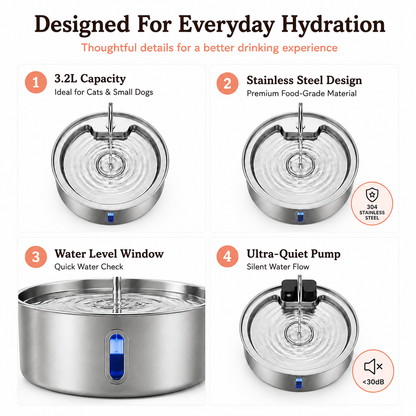 Stainless Steel Automatic Water Fountain 3.2L with Window | Wuvpets